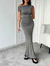 Devine Ruched Single Shoulder Short Sleeve Maxi Dress OutfitFlow